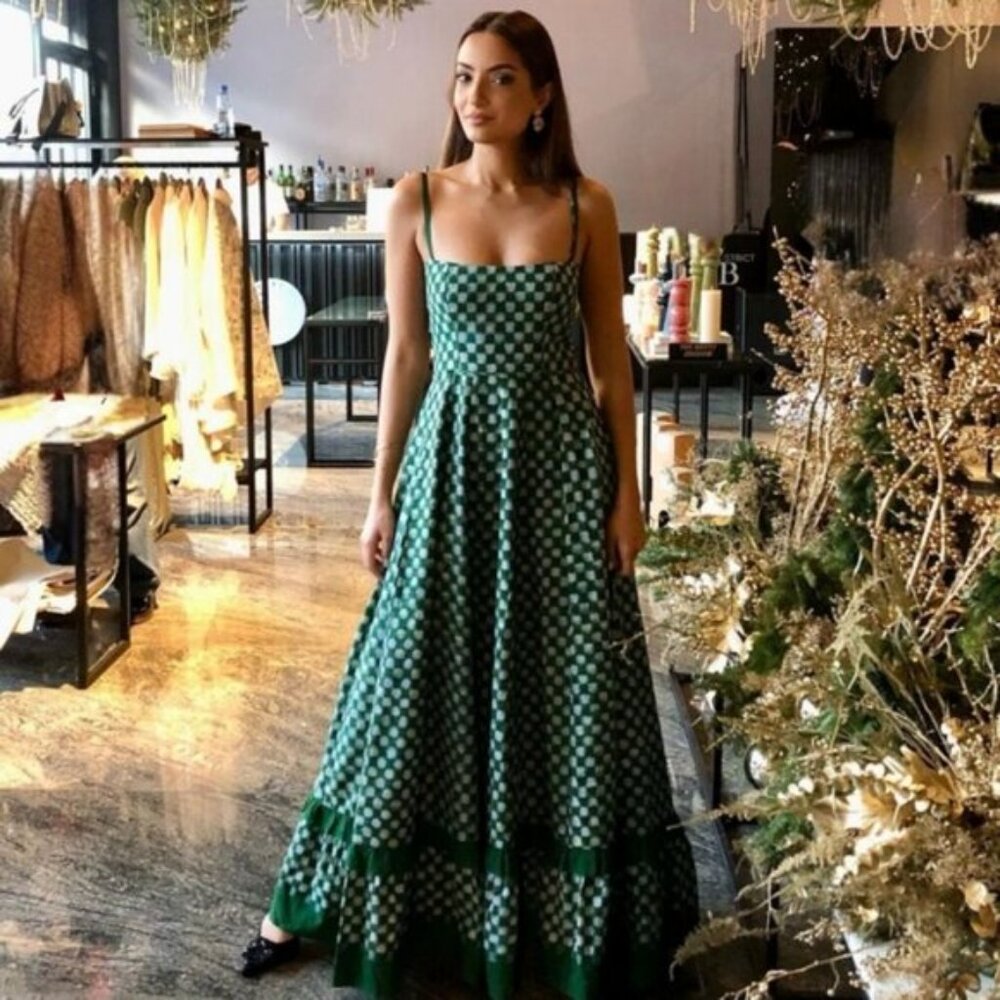 Green/White Checkmate Checkered Maxi Pleated Dress